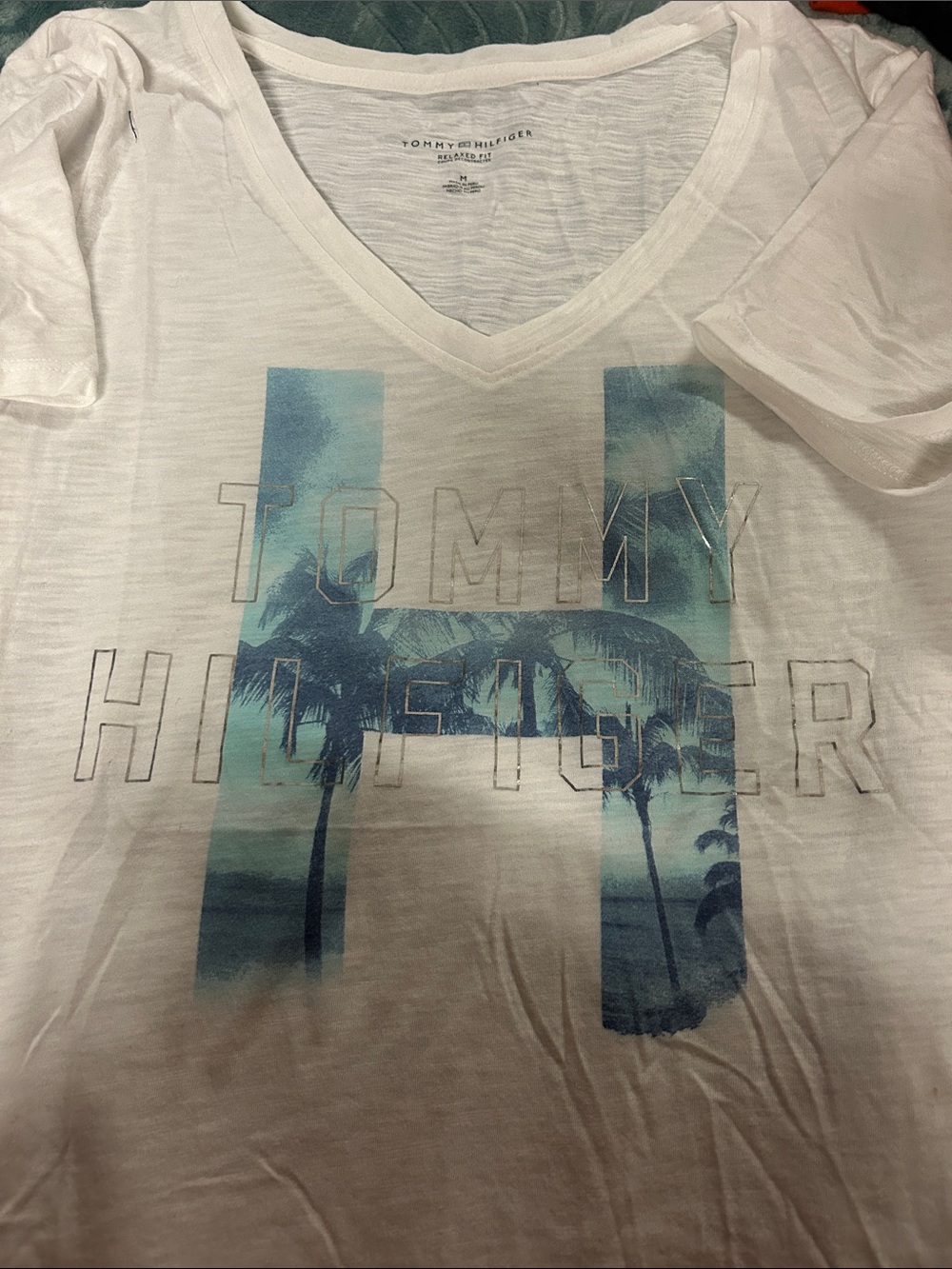 Tommy Hilfiger White V-Neck Tee with Blue Palm H Graphic